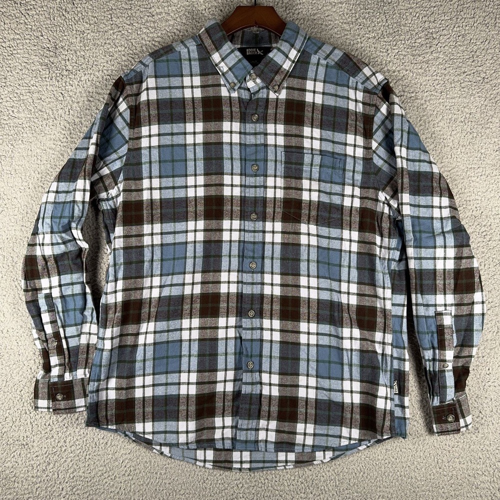 Eddie Bauer Flannel Shirt Mens L Blue Brown White Plaid Button Down Cotton